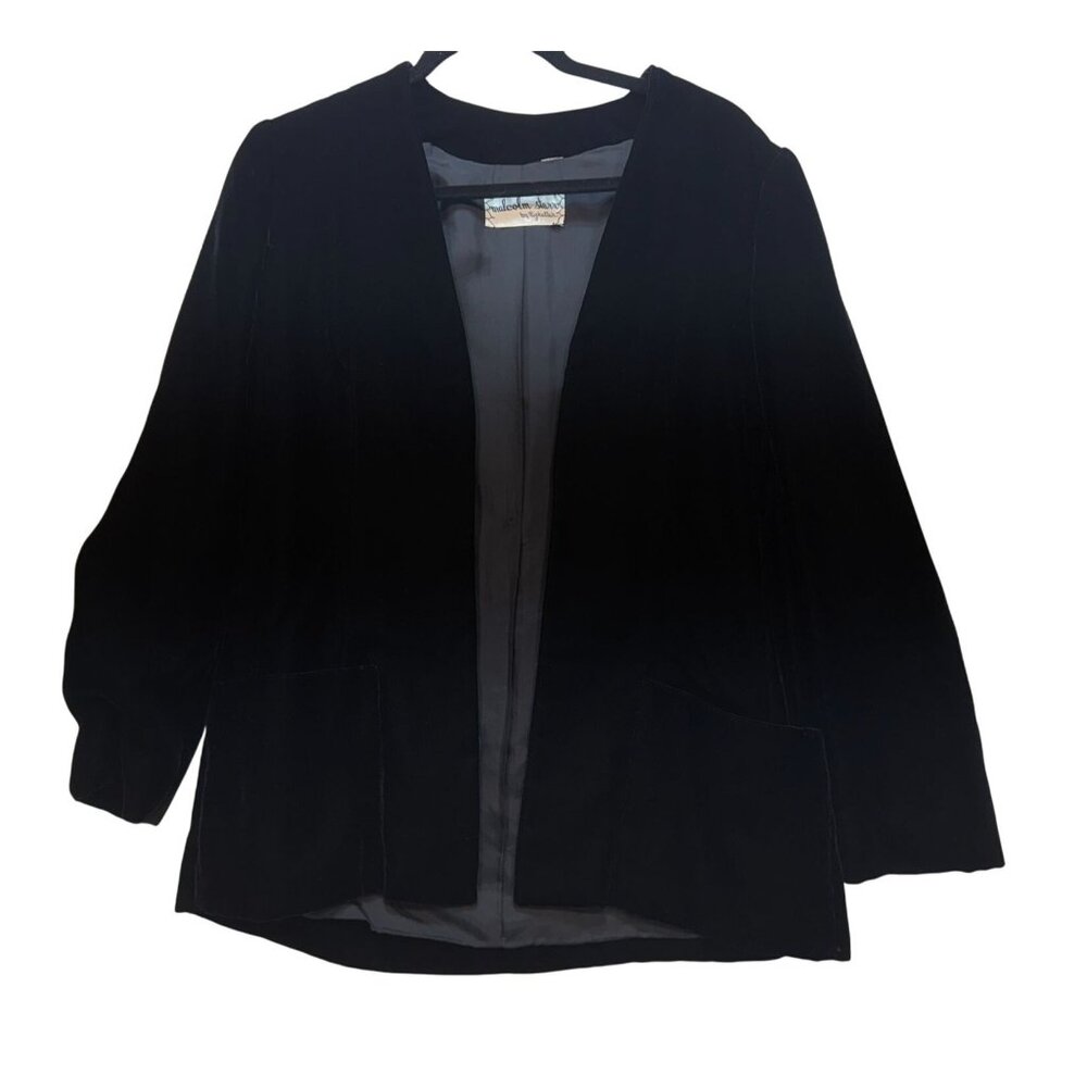 Vintage Malcolm Starr Womens Formal Blazer Jacket Sze 12 Black Velvet Open Front